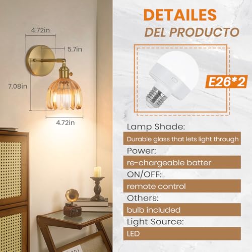 Image of Vintage Wall Sconce Set of Two, Battery Operated Wall Sconce with Amber Tulip Glass Lampshade Rechargeable Wall Light with Remote Control for Bedroom,Living Room, Hallway, Aisle