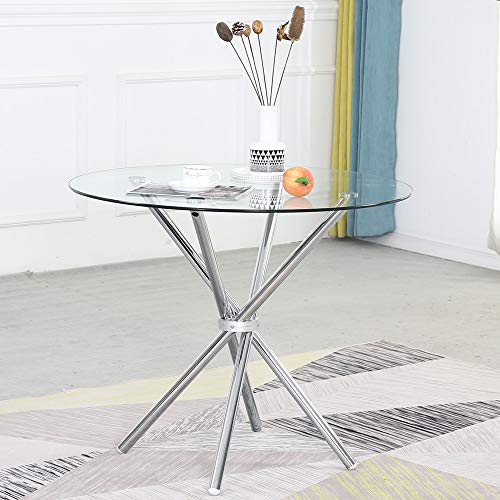 WENYU Modern Dining Table with Tempered Glass Top Round Glass Dining Table Tea Coffee Table Office Modern Kitchen Table Dining Room Table with Chrome Legs, 35.4 Diameter