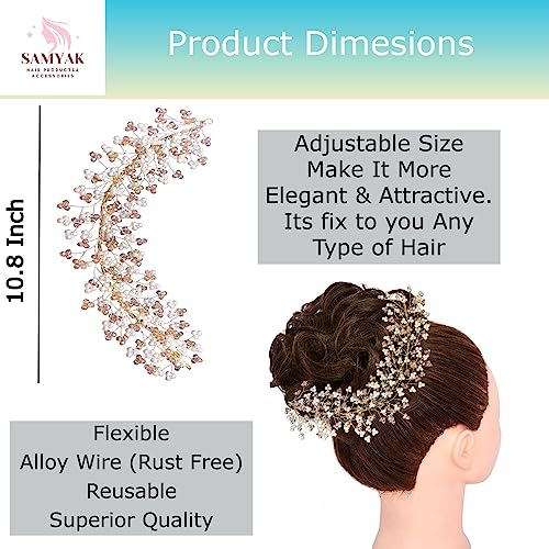 Image of Samyak Crystal Pearl Hair Vine Tiara Headband Headdress Hair Jewellery /Hair pin /Bun Clip For Bridal Wedding Functions Bridesmaid (Golden)