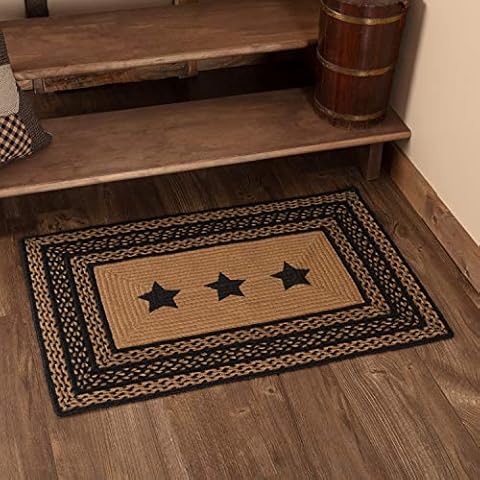 VHC Brands Farmhouse Primitive Jute Black Accent Rug Rectangle Stencil Stars w/Floor Pad 24"x36" Cover