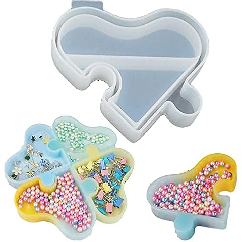Silicone Puzzle Heart Shape Jewelry Storage Tray Resin Casting Mold Box Love Heart Platter Four Leaf Clover Container Silicone Epoxy Mould DIY Craft Case Trinket Dish Home Decor Mother's Day Gift Cover