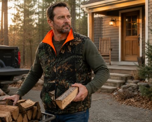 Image of Men's Reversible Camo / Buffalo Red Plaid & Orange Fleece Hunting Vest
