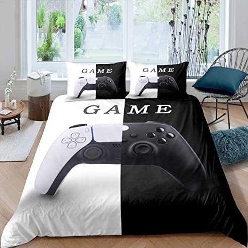 Homemissing Ensemble de literie Gamepad Noir Blanc Gamer Housse de Couette Ensemble pour Jeunes Gamepad Couple Design 2 pièces Ensemble de lit 140x200cm...