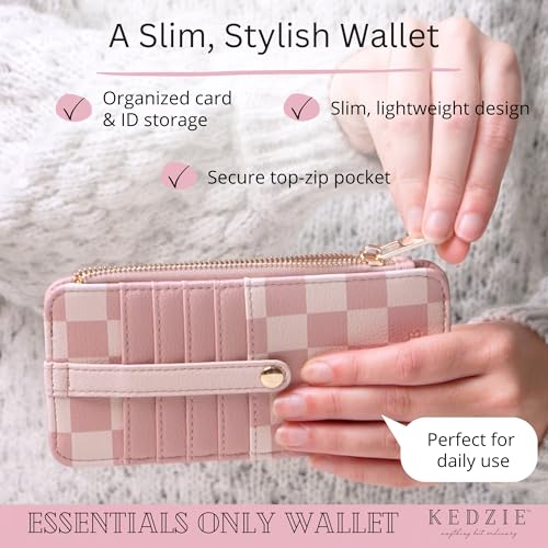 Image of KEDZIE Essentials Only Women's Zippered Wallet in Vegan Leather Small Card Holder Wallet Exterior ID Window - Check Please