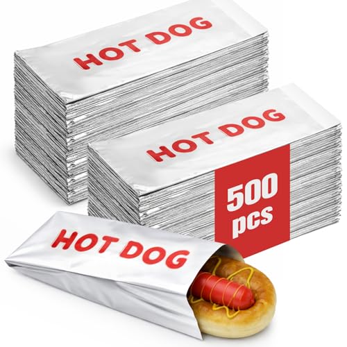Fuyoooo 500 Pack Foil Hot Dog Wrappers Bulk 9.45 x 3.54 Insulated Grease Resistant Hot Dog Bag Sleeves Disposable Foil Paper Bags for Parties Food Trucks BBQs and Takeout