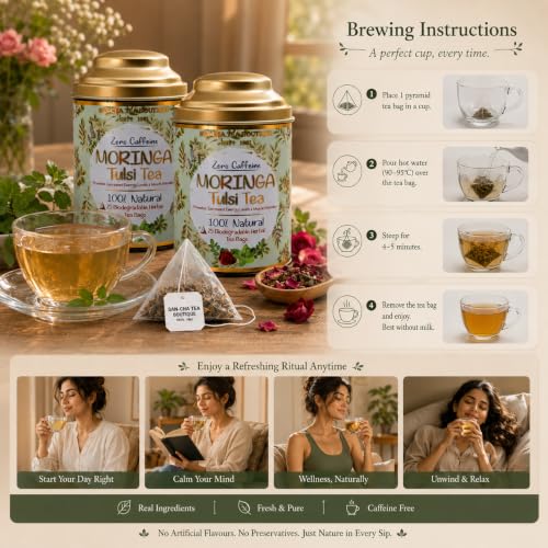 Image of Sancha Tea Boutique, Moringa Tulsi Tea, Caffeine Free Herbal Tisane, 25 Pyramid Bags, Hebal Tisane for Energy (Pack of 2)