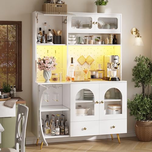 Yihomfy Armoires Cuisine, Buffet, Haut Vaisselier avec Prises Électriques LED, avec Plans de Travail et Deux Tiroirs, 4 Portes en Verre, Étagères...