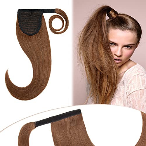 Hairro Ponytail Hair Extensions 100% Human Hair Light Brown Wrap up Magic Paste Ponytail Hairpiece for Women 18 Inch Long Straight Clip in Pony Tail #6