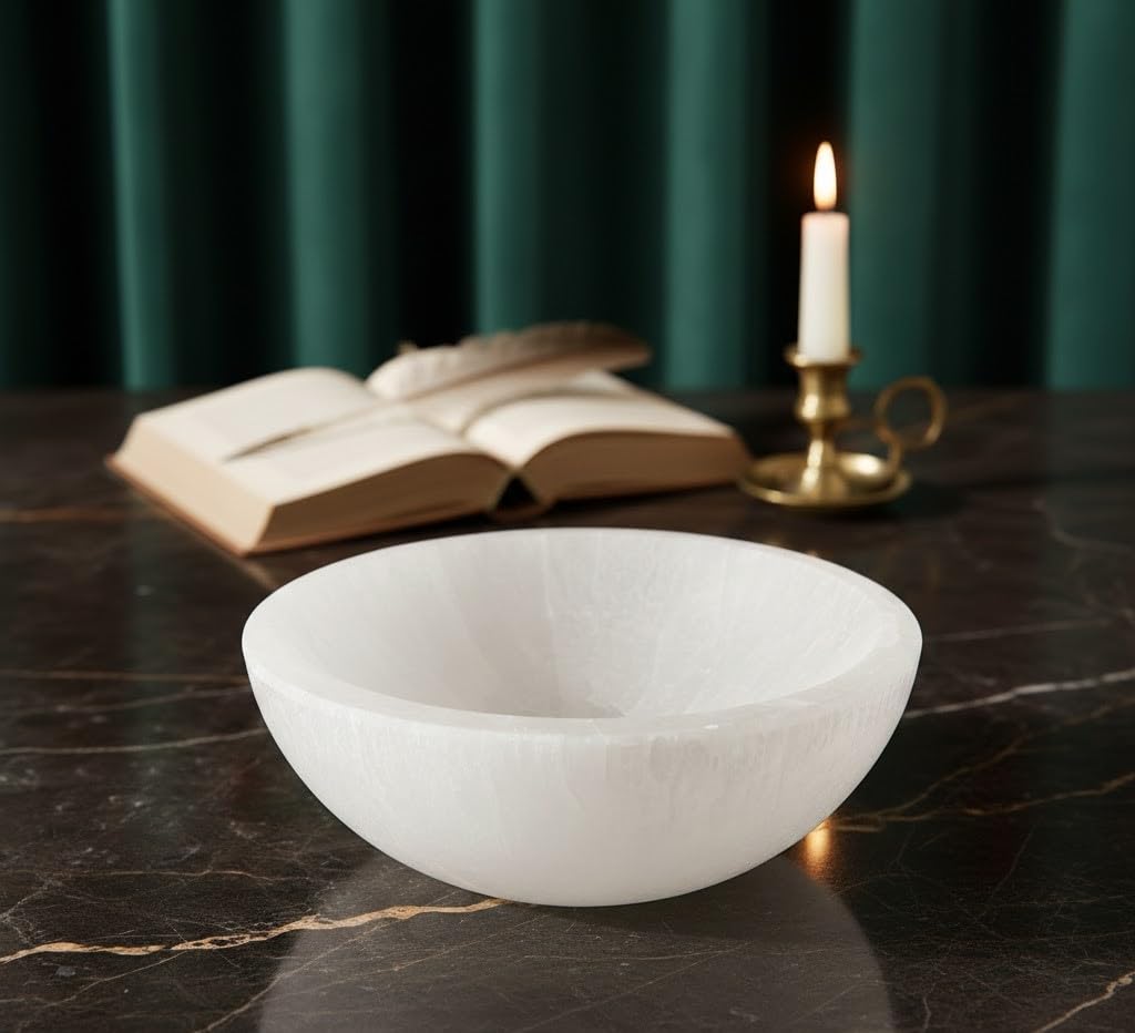 Genérico Cuenco de cristal de selenita natural, redondo, cuenco decorativo de cuarzo tallado a mano para la decoración del hogar. (15 Cm)