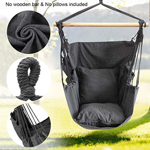 Hammock Chair Hanging Rope Swing Seat For Indoor Outdoor, Sturdy Cotton Weave Hammock Swing, Max 300Lbs Hanging Hammock Chair (Pole And Pillows Not Included, Gray) #TOP1