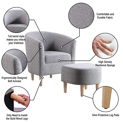 Dazone Accent Chair With Ottoman, Modern Comfy Armchair Upholstered Barrel Club Chair And Footrest Set, Fabric Tub Arm Chairs For Living Room Bedroom Small Spaces Apartment Office, Set Of 2, Gray #TOP3