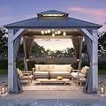 GARTOO 10' x 10' Outdoor Wood Gazebo - Permanent Wooden Hardtop Gazebo Pavilion with Double Curtains, Galvanized Steel Roof Cedar Wood Gazebos for Garden, Lawn, Poolside, Backyard Deck