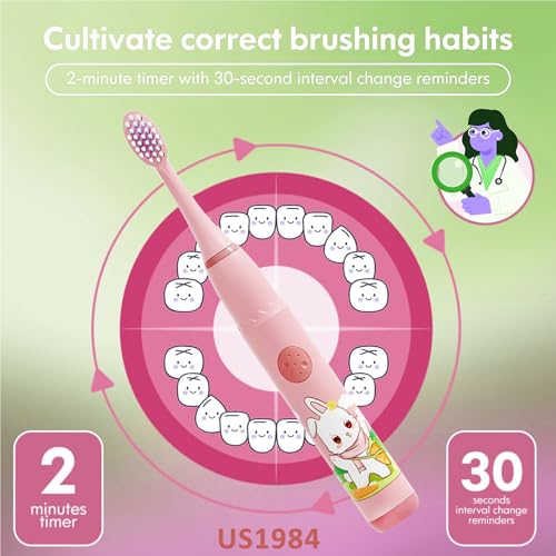 Image of Sonic Electric Toothbrush for Kids with 4 Modes, 3 Brush Heads & Rechargeable Battery, Ultra Soft Nylon Bristles, IPX7 Waterproof, Electric Power Tooth brush (Pink)