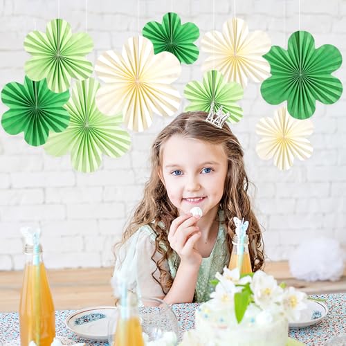 Image of SUNBEAUTY Green Paper Flowers Decorations for Wall, Spring Summer Paper Fans Decor, Classroom Decor Paper Floral Backdrop Paper Flowers Decoration Hanging Paper Fans Green Flower Wall Decor, Set of 9
