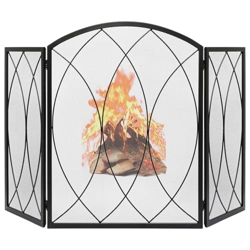FEED GARDEN 3 Panel Fireplace Screen 48' W x 29.5' H Modern Foldable with Wrought Metal Decorative...