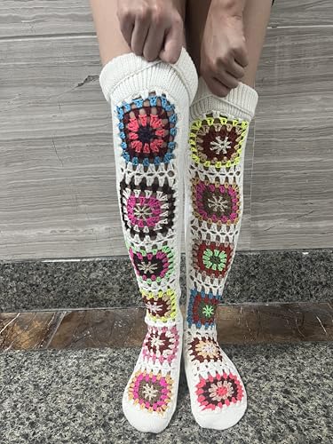 SherryDC Women's Hangmade Flower Cable Knit Thigh High Socks Over Knee High Long Leg Warmers2