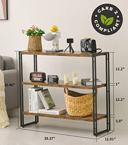 Bookshelf,3-Tier Open Bookcase,Rustic Wood And Metal Industrial Display Book Shelves Home Office,Bedroom Standing Shelf Unit,Horizontal Kitchen Shelf Organizer,Bathroom Storage Rack Mid Century 40In #TOP2