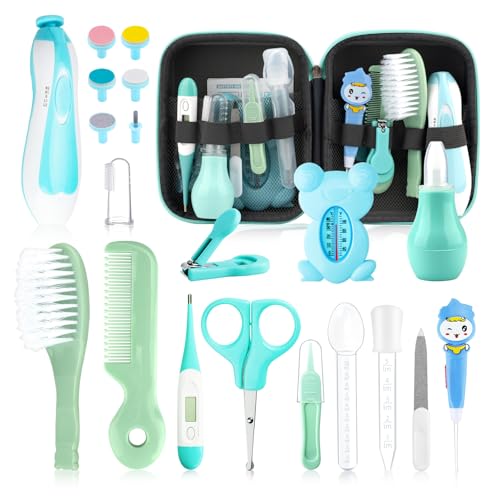 Image of Baby Healthcare and Grooming Kit, 21 in 1 Portable Baby Safety Care Set with Hair Brush Comb Nasal Aspirator Electric Nail Trimmer Set Baby Essentials kit for Newborn Boys Girls (Green 21 in 1)