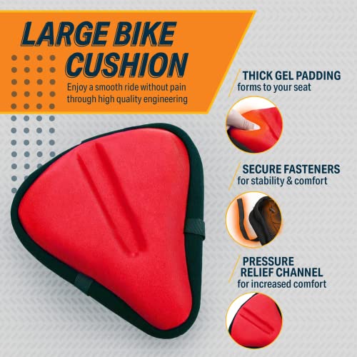 Bikeroo Bike Seat Cushion - Padded Gel Wide Adjustable Cover For Men & Womens Comfort, Compatible With Peloton, Stationary Exercise Or Cruiser Bicycle Seats, 11In X 10In (Red) #TOP1
