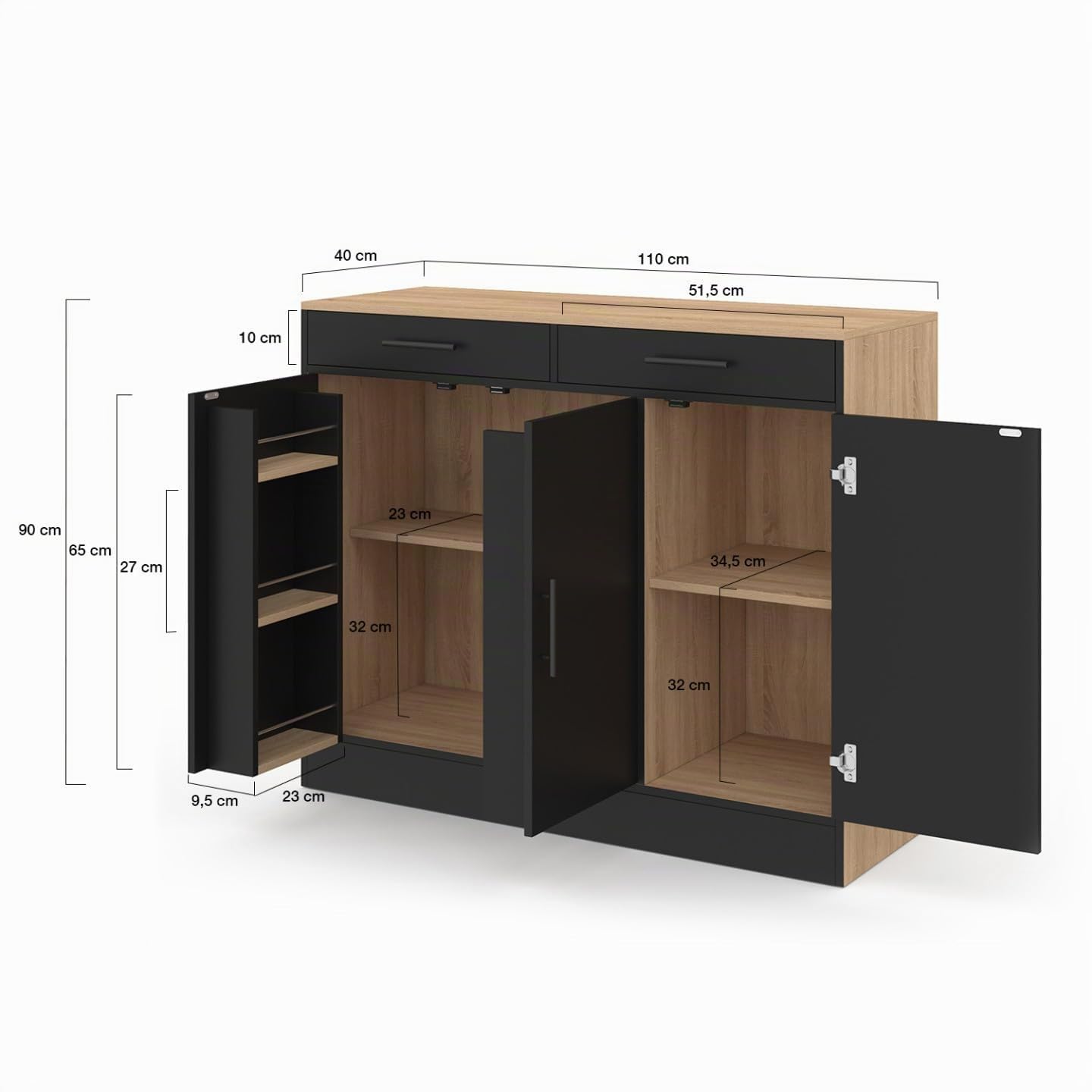 IDMarket - Buffet Bas de Cuisine 110 cm Alto façon hêtre et Noir | Avec rangements