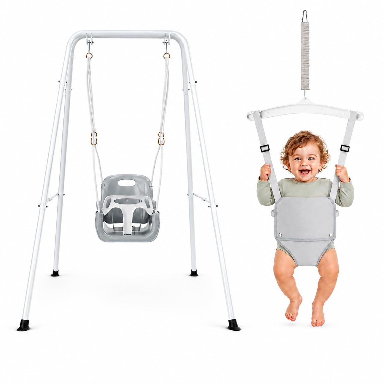 2‑in‑1 Children Swing with Metal Frame, Safety Harness Swing Seat for Indoor and Outdoor Play (White)