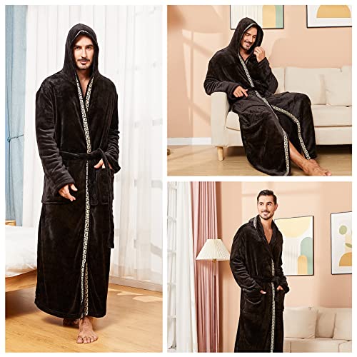 Fashgudim Men's Hooded Plush Robe With Black Trim Full Length Plush Long Robe For Men Big And Tall Warm Fleece Bathrobes House Robes (Black & Black Trim, Xxl) #TOP4