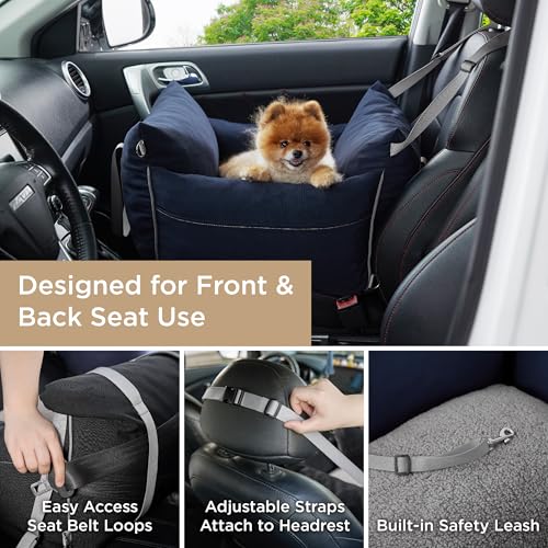 Lesure Hundesitz Auto kleine Hunde - wasserdichter und waschbarer Hunde Autositz mit Aufbewahrungstaschen, ansteckbarer Sicherheitsleine und verdickter Memory-Schaum-Füllung, 58x56x33cm, Navyblau