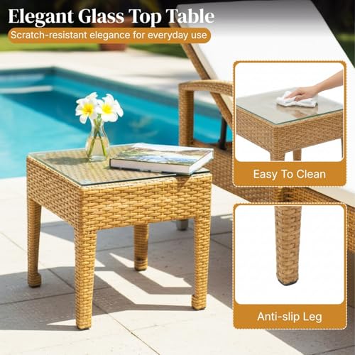 Image of DEVOKO Outdoor Patio Chaise Lounge Chair with Water Resistant Cushions and Matching Table with Glass Top for Garden, Pool, Beach, Yard, Deck (Beige & White)