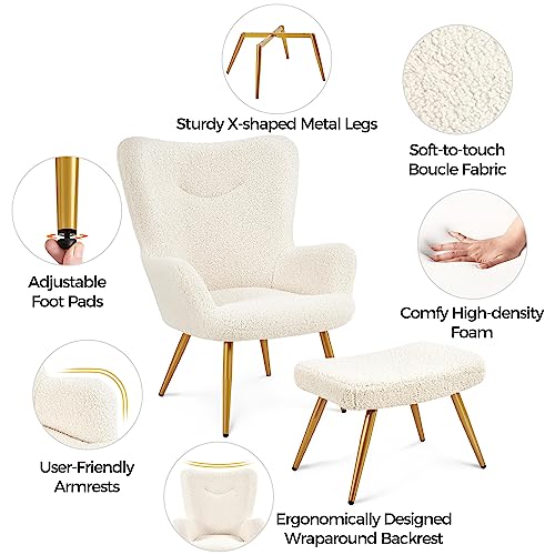 Yaheetech Boucle Tub Chair with Ottoman, Sherpa Fuzzy Armchair, Lounge Chair with High Back and Footstool for Living Room, Bedroom, Study, Ivory - Image 7