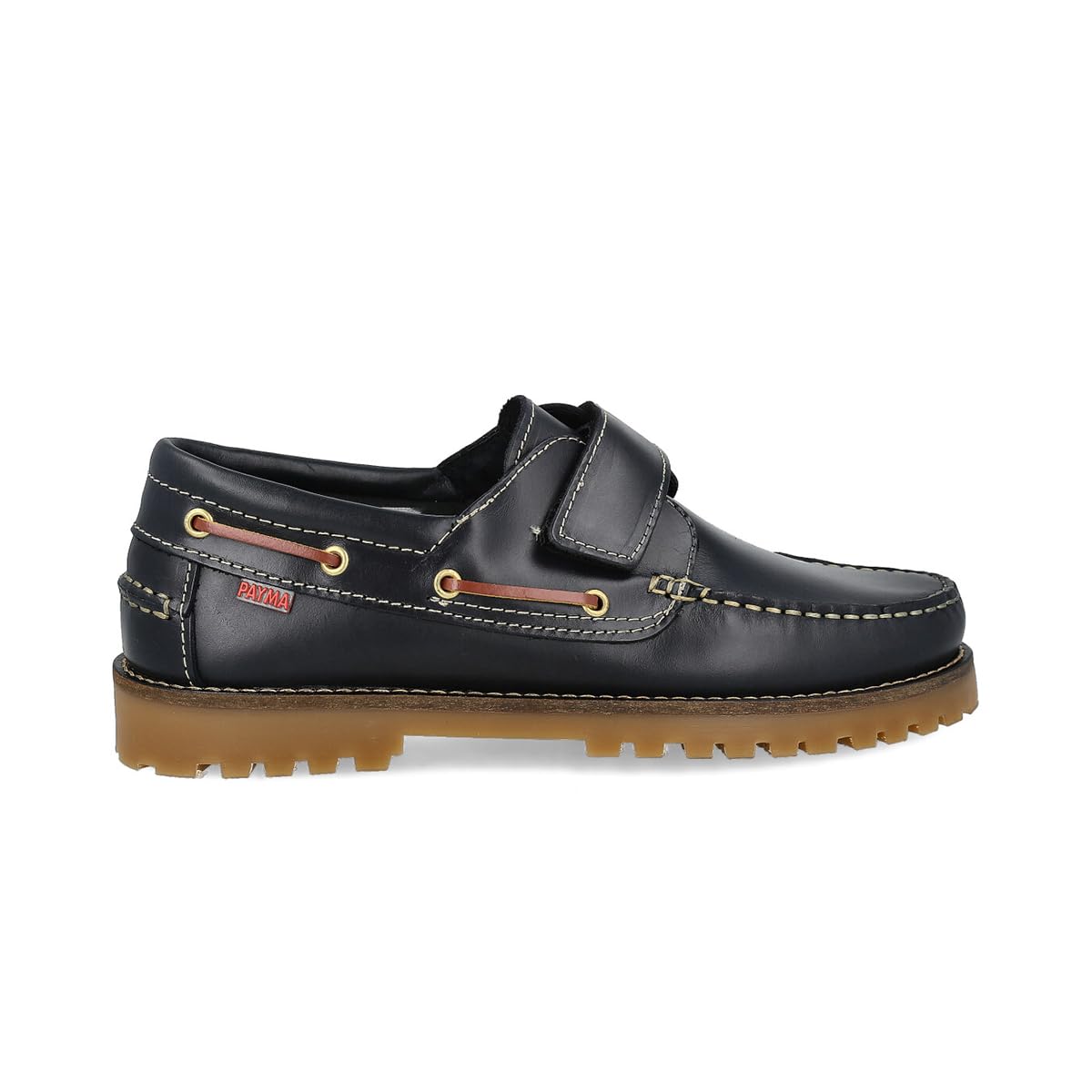 PAYMA Zapatos Náuticos Sport Casual Hombre, Mujer, Niño. Clásicos 3-Ojales de Piel. Piso de Goma. Tallas Grandes 45 46 47. Cierre Cordones o Velcro. Color: Azul Marino Velcro; Talla EU