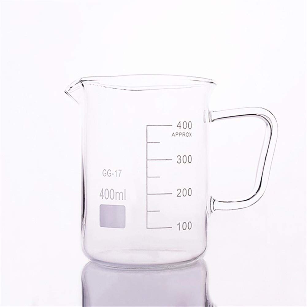 HMTE Vaso de precipitados de Vidrio en Formato bajo, Capacidad 400 ml, Diámetro Exterior = 82 mm, Altura = 112 mm, Vaso de precipitados de Laboratorio con asa (Capacidad: 400 ml) (400 ml)