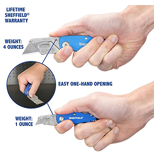 Image of Sheffield Utility Knife and Mini Box Cutter, Folding Utility Knife Set Aluminum Handles, Accepts Std and Mini Blades, Box Cutters for Trades and DIY