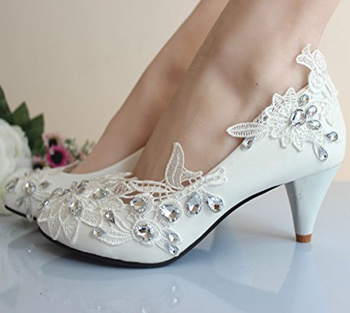 JINGXINSTORE Princess Party di Nozze Bridalhoes Romantico Floreale in Pizzo Donne Sexy Tacchi Alti,Bianco,UK 7.5