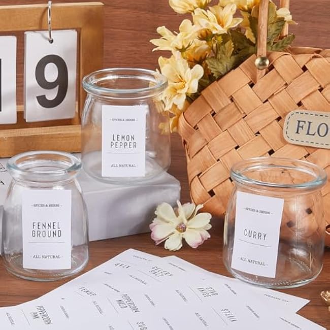 16 Sheets White Spice Labels Stickers Spice Jar Labels PVC Waterproof Blank Self Adhesive Rectangle Preprinted Pantry Decals Organizers Sets for Kitchen Food Box Bottles Seasoning Containers