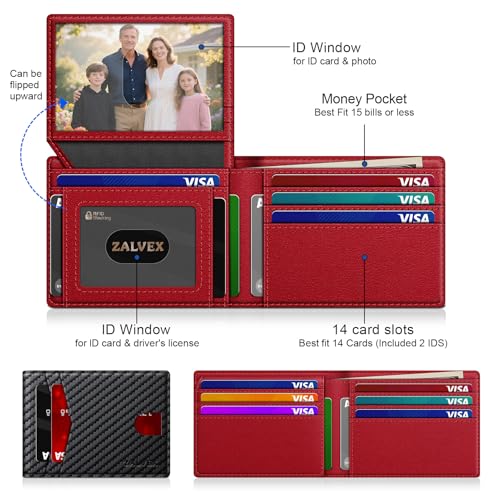 Image of Wallet for Men Slim RFID Blocking Leather Credit Card Holder Wallet for 14 Cards, Bifold Minimalist Thin Wallet with 2 ID Windows & Cash Slot, Front Pockt Carteras Para Hombres, Birthday Gifts for Men