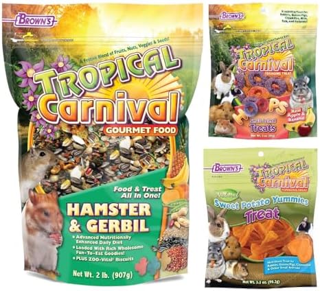 Paquete de hámster y jerbo gourmet de Tropical Carnival Brown's Dieta para hámster y jerbo fortificada con vitaminas 2 lb, tratamiento de forraje de aros 3 oz y delicias naturales de camote con vitamina C 3.5 oz