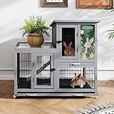 COZIWOW Rabbit Hutch Indoor with Wire Bottom, 2-Level Large Wooden Bunny Cage on Wheels Outdoor for Multiple Small Animals, Grey + Colorful Patterns