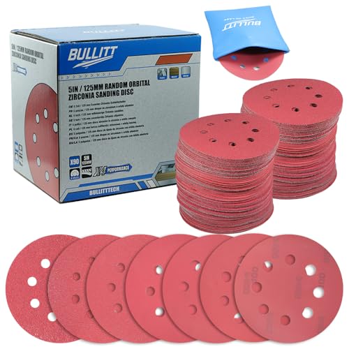 BULLITT 90 dados de lijado de 125 mm, 8 agujeros, gancho y bucle, almohadillas de lijado de circonia, grano mixto 40/60/80/120/180/240/320/400, dados de lijado orbital redondos para lijadora orbital