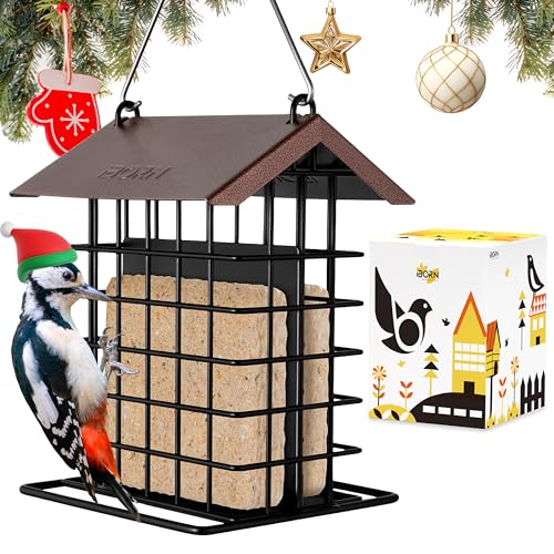 iBorn Suet Feeder for Outside Hanging,Suet Bird Feeders for Outdoors,Suet Holder With Squirrel Proof Hanger Hook,Suet Cage Bird Feeder,Woodpecker Feeder,Weatherproof Metal Roof,All Metal,1 Pack,Coffee