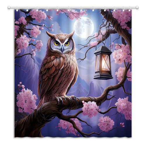 Jejomeag JM-103GA-180X180 Owl Shower Curtain Wild Animal Wildlife Floral Full Moon Forest Mountain Fantasy Purple Fabric Bathroom Curtain thumb #3