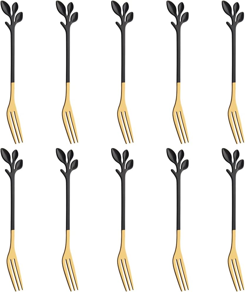 AnSaw dessert fork with leaf handle, 10 Pcs 4.7"appetizer fork,Creative Black & Gold fruit fork, Premium Food Grade Stainless Steel,Mirror Finish & Dishwasher Safe (Black gold-10Fork)