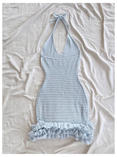 Image of GORGLITTER Women's Vacation Outfit Crochet Halter Knit Bubble Mini Dress Sexy Beach Cruise Summer Miami Resort Outfits