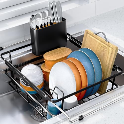 Image of Over the Sink Dish Drying Rack,In Sink Dish Drying Racks,Expandable Dish Rack Over Sink Counter,Adjustable Dish Drainer for Inside Sink with Utensil Holder, Stainless Steel Dish Strainer XLarge Size