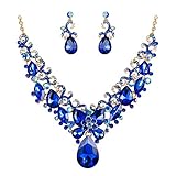 BriLove Costume Fashion Jewelry Set for Women Crystal Teardrop Marquise Butterfly Filigree Enamel Statement Neckalce Dangle Earrings Royal Blue Sapphire Color Gold-Toned