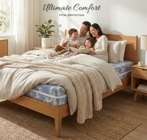 Image of VAS COLLECTIONS Cotton Printed Mattress Protector with Zipper | 360 Degree Fully Enclosed Mattress Cover | Breathable, Waterproof-Safe Fabric | Double Bed 78x72+6 Inches (6.5x6 Ft) (Pale Blue)