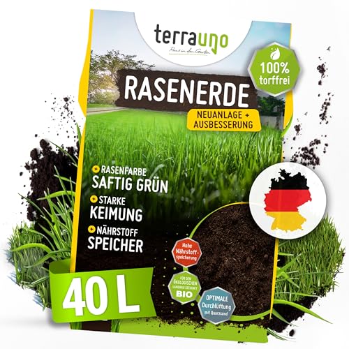 Terrauno Rasenerde mit Sand, 40 Liter, zur Rasenneuanlage/Ausbesserung von Rasenflächen, Unkrautfrei, mit Quarzsand für Luftzufuhr, Erde für Rasen, Gartenerde