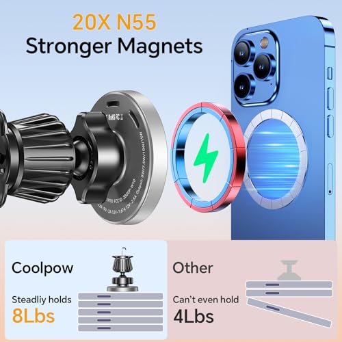 Image of Coolpow for MagSafe Car Mount Charger【Ultra Magnet】 Magnetic Phone Holders for Your Car Charger【Windshield+Vent+Dash】 Magnetic Wireless Car Phone Holder Charger Car Mount for iPhone 17 (Gray)
