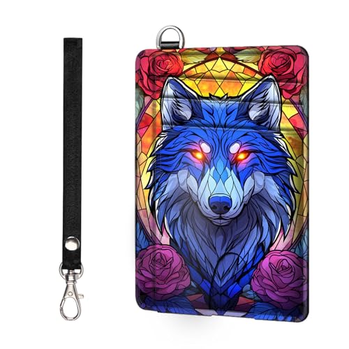 Slim Wallet for RFID Blocking Wallet, Slim and Stylish Wallet with Multiple Card Slots and Business Card Holder, Credit Card Protector Sleeves, Stained Glass Style Wolf with Roses