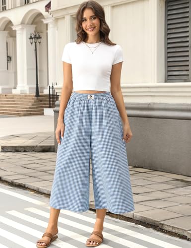 Image of TARSE Women Wide Leg Capri Pants Loose Gingham Plaid Culottes Summer Elastic Waist Palazzo Trousers Bottoms with Pockets