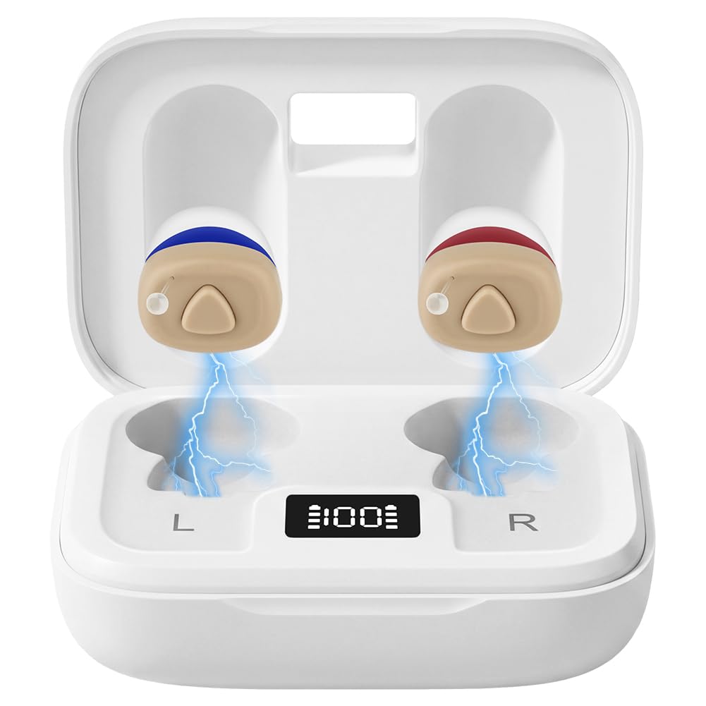 Aolso Amplificatore di Rumore, Dispositivi Sonoro Ricaricabili con Custodia di Ricarica, Cancellazione del Rumore, Vestibilità Ergonomica, Cuffie Senza Fili - Rosso Blu